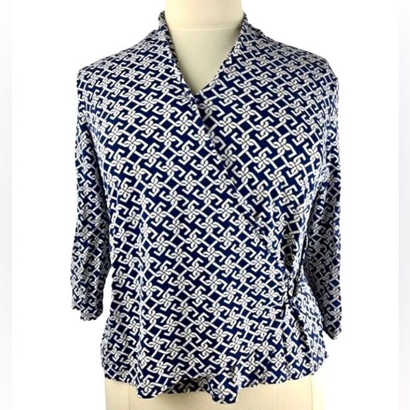 Talbots Wrap Style Geometric Print Top in Navy/White Women’s XL - Picture 1 of 8